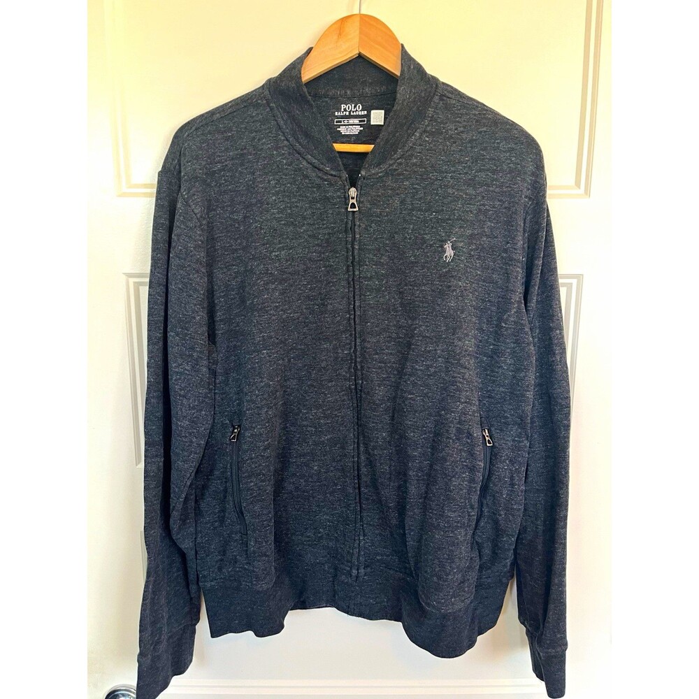 Polo Ralph Lauren Men's Gray Knit Full Zip Mock Neck Logo Sweater Pockets Large